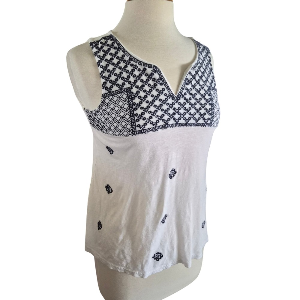 Beachlunchlounge White Navy Embroidered V-Neck Sleeveless Tank Top Womens XS